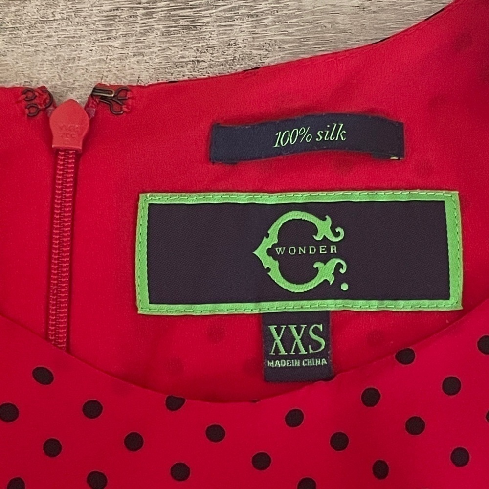🌺 C Wonder Polka Dot 100% Silk 3/4 Sleeve Red Relaxed Fit Shift Dress Size XXS - Picture 7 of 9